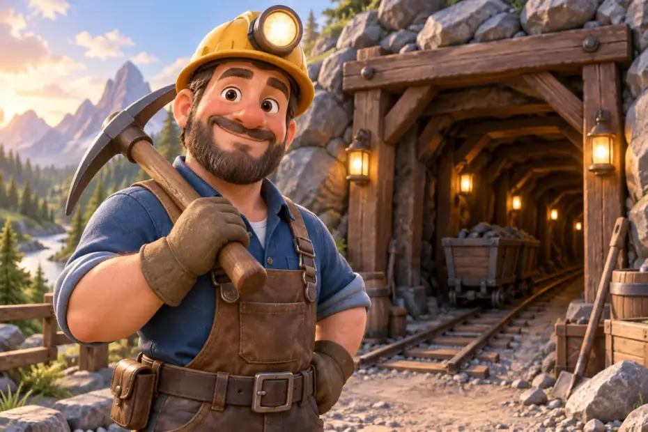A miner wearing a helmet beside a tunnel entrance.