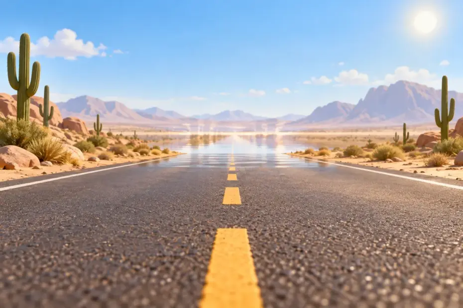 A shimmering heat mirage appears above an empty desert road under a bright sky.