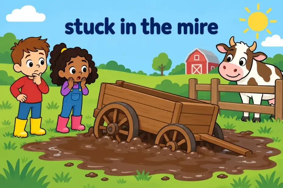 Cartoon children watch a farm cart sink into soft mud, showing mire in a sentence as ground that traps.