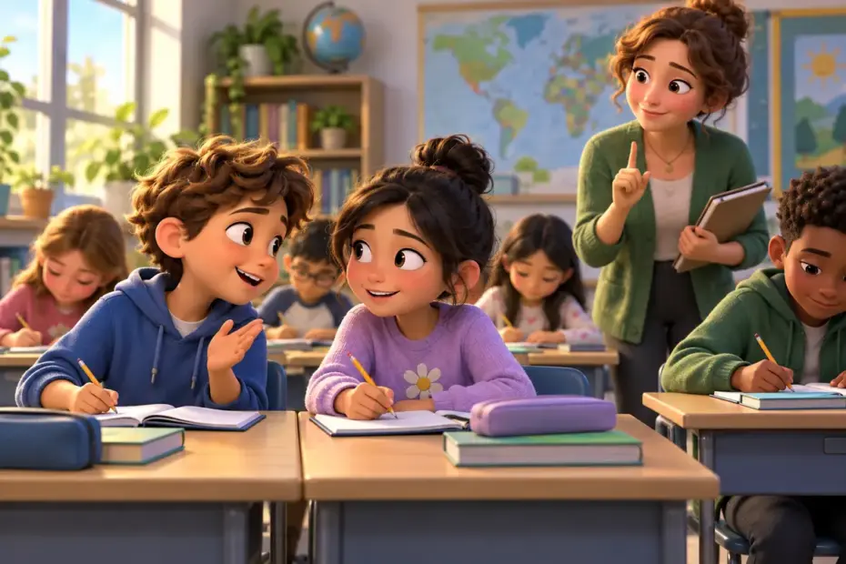 A student talks during a classroom activity while a teacher gives a calm reminder.