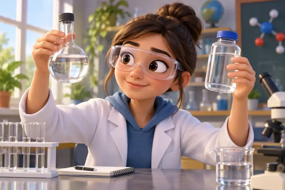 A student compares clear liquids in closed laboratory containers.