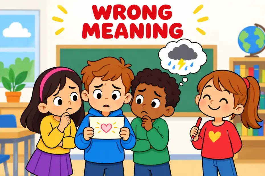 Cartoon children read a friendly note with worried faces, showing misconstrue in a sentence as taking the wrong meaning.
