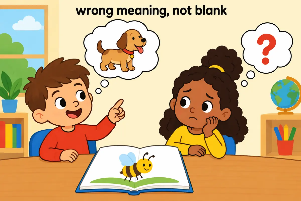 A single unified cartoon scene contrasts a child who assigns a wrong meaning with a child who simply looks puzzled.
