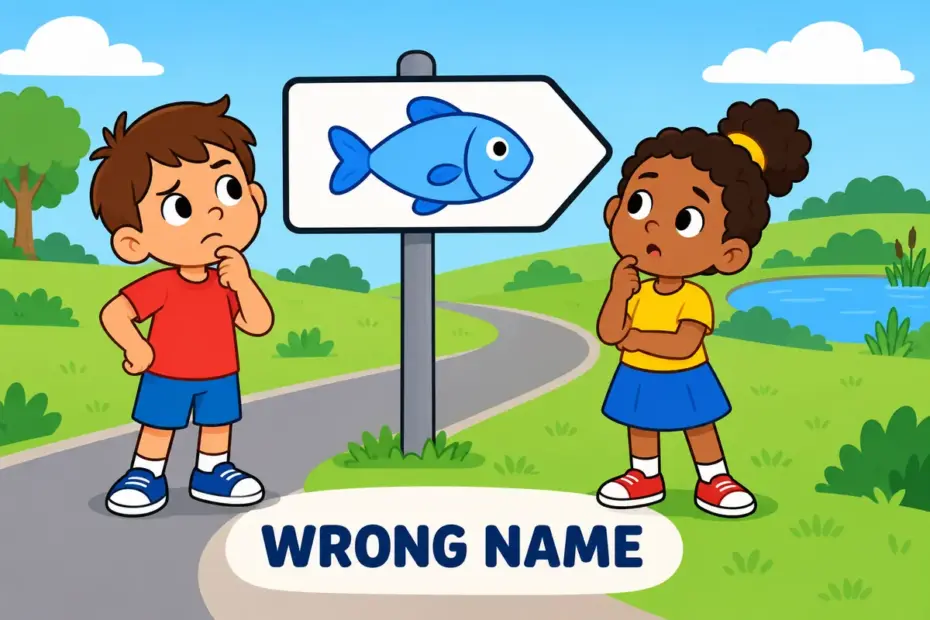 A fish icon on a mismatched sign illustrates misnomer in a sentence as an inaccurate name.