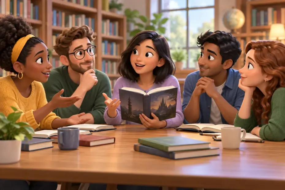 Adults discuss a fictional work with equal participation.