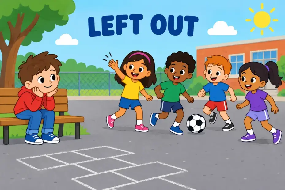 A cartoon child watches from the bench as friends play, showing miss out in a sentence as being left out of a game.