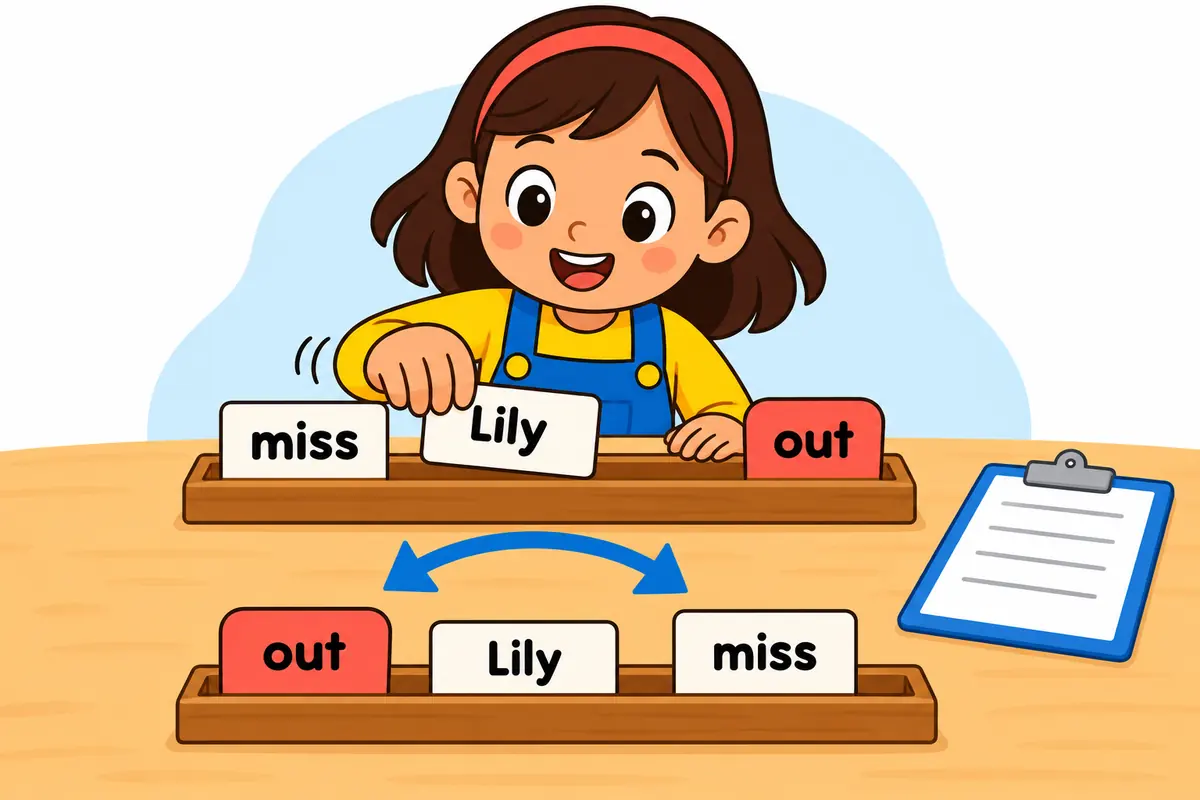 A cartoon board shows three word cards with the middle name card sliding before the out card, the separable pattern of miss out.