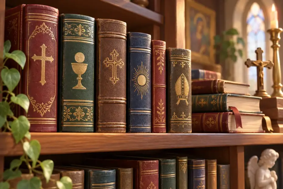 Old liturgical books rest on a library shelf.