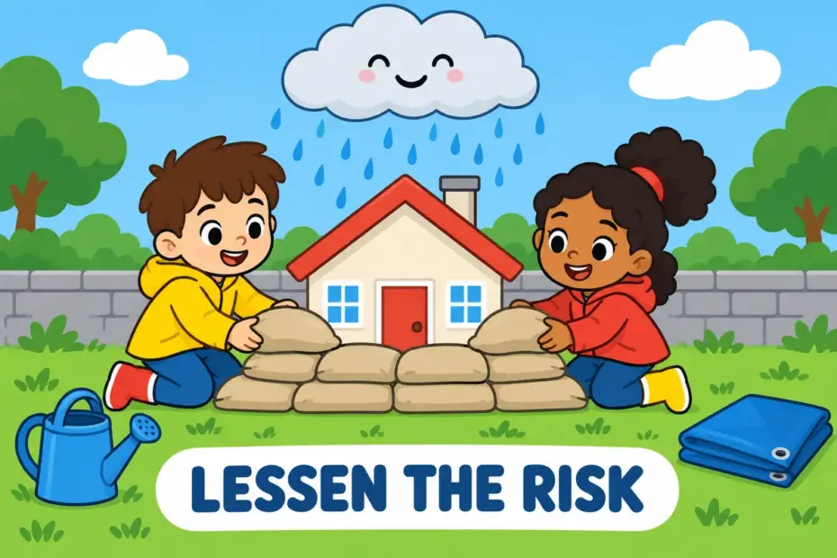 Cartoon children stack sandbags before a small model house in the rain, showing mitigate in a sentence as reducing harm.