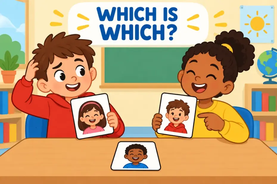 Cartoon children swap two name cards by mistake, showing mix up in a sentence as confusing one thing for another.