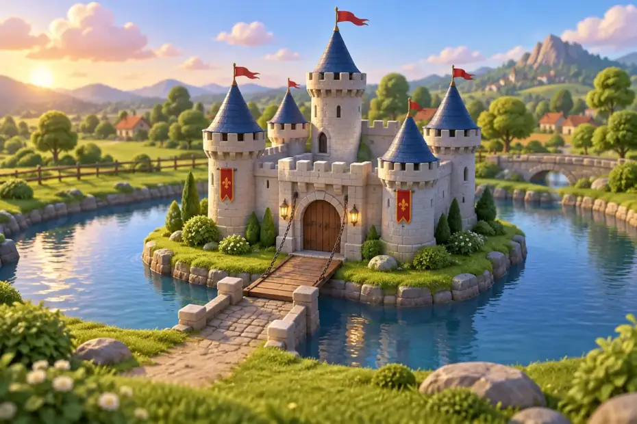 A small castle model stands inside a surrounding water-filled ditch.