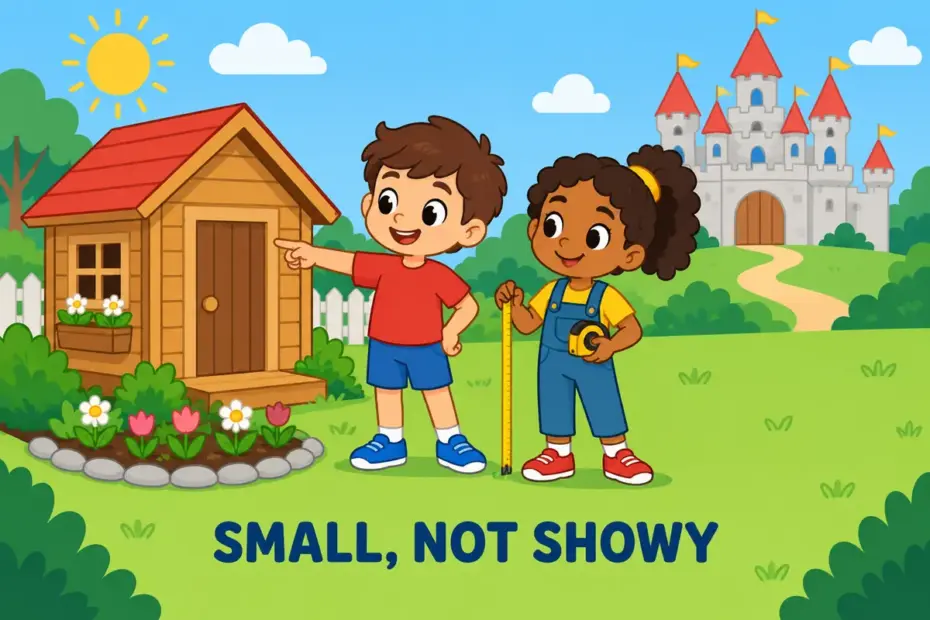 Cartoon children compare a small tidy clubhouse with a grand castle, showing modest in a sentence as small and unshowy.