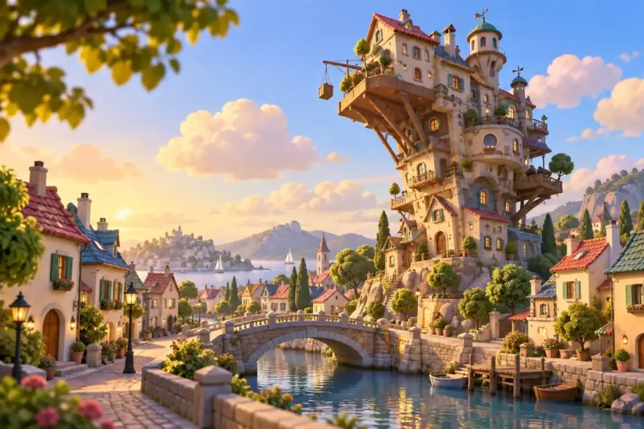 An oversized fanciful building contrasts with smaller houses.