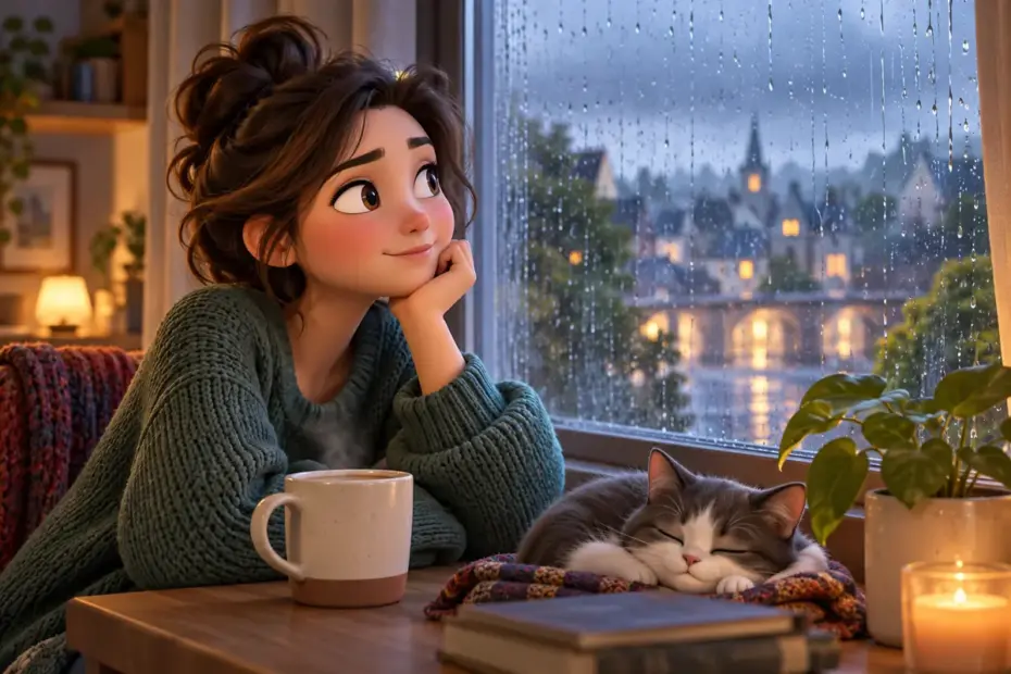 A person sitting by a rain-streaked window.