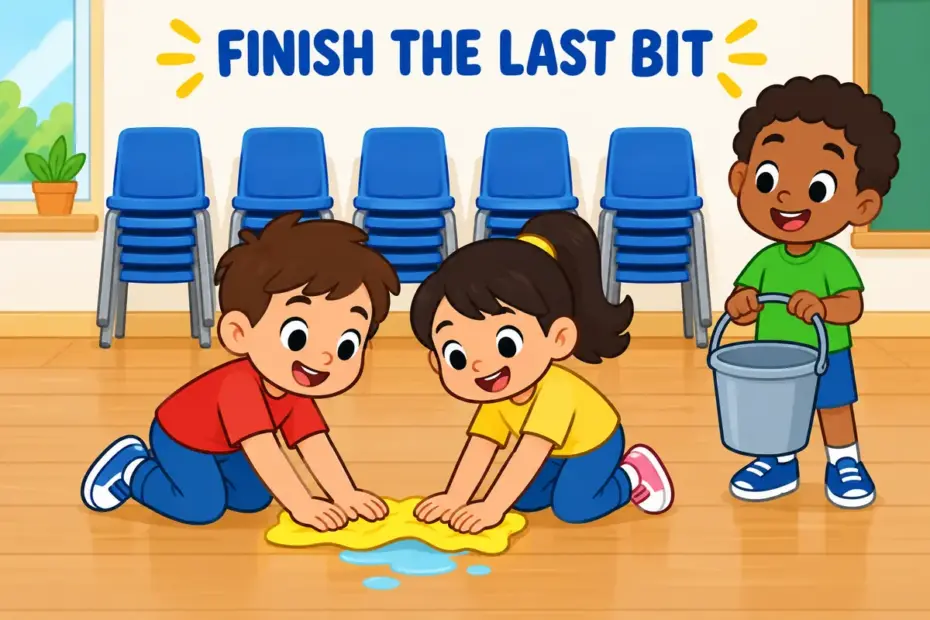 Cartoon children press a cloth to the final puddle on a classroom floor, showing mop up in a sentence as clearing what remains.