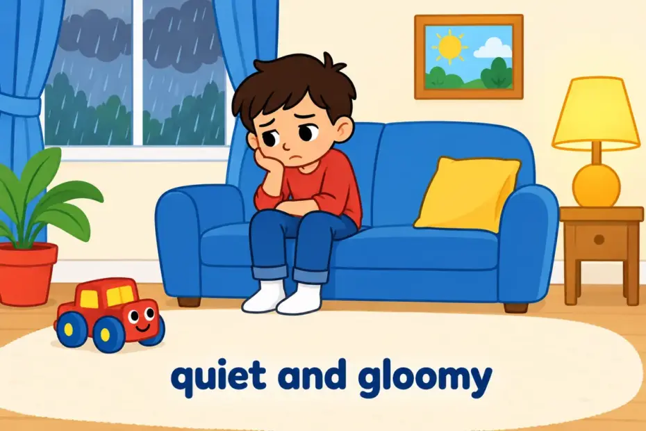 Cartoon boy sits alone by a rainy window with a dropped smile, showing morose in a sentence as a silent, settled gloom.