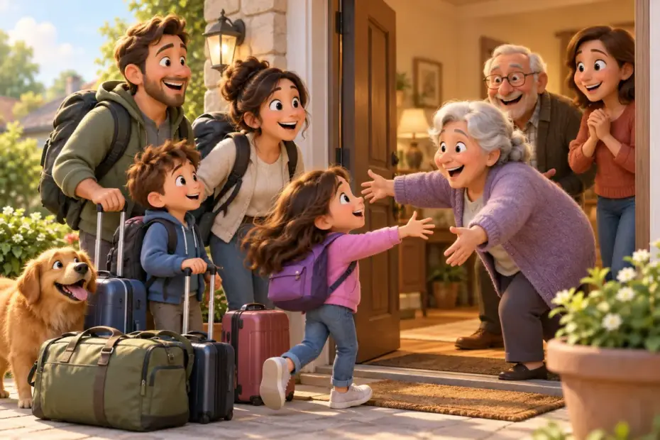 Travellers arrive home and receive a warm welcome.