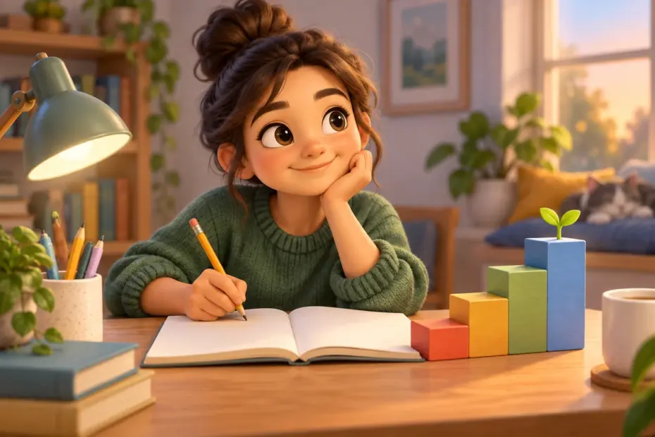 A student prepares to work at a desk, with colorful blocks suggesting progress.