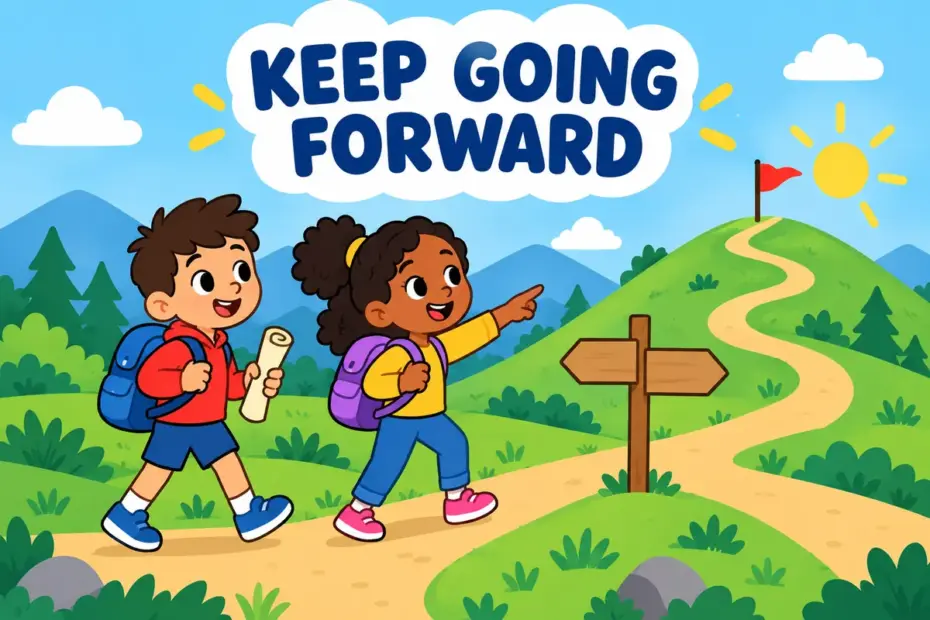 Cartoon children walk a winding path toward a hilltop flag, showing moving forward in a sentence as steady progress.
