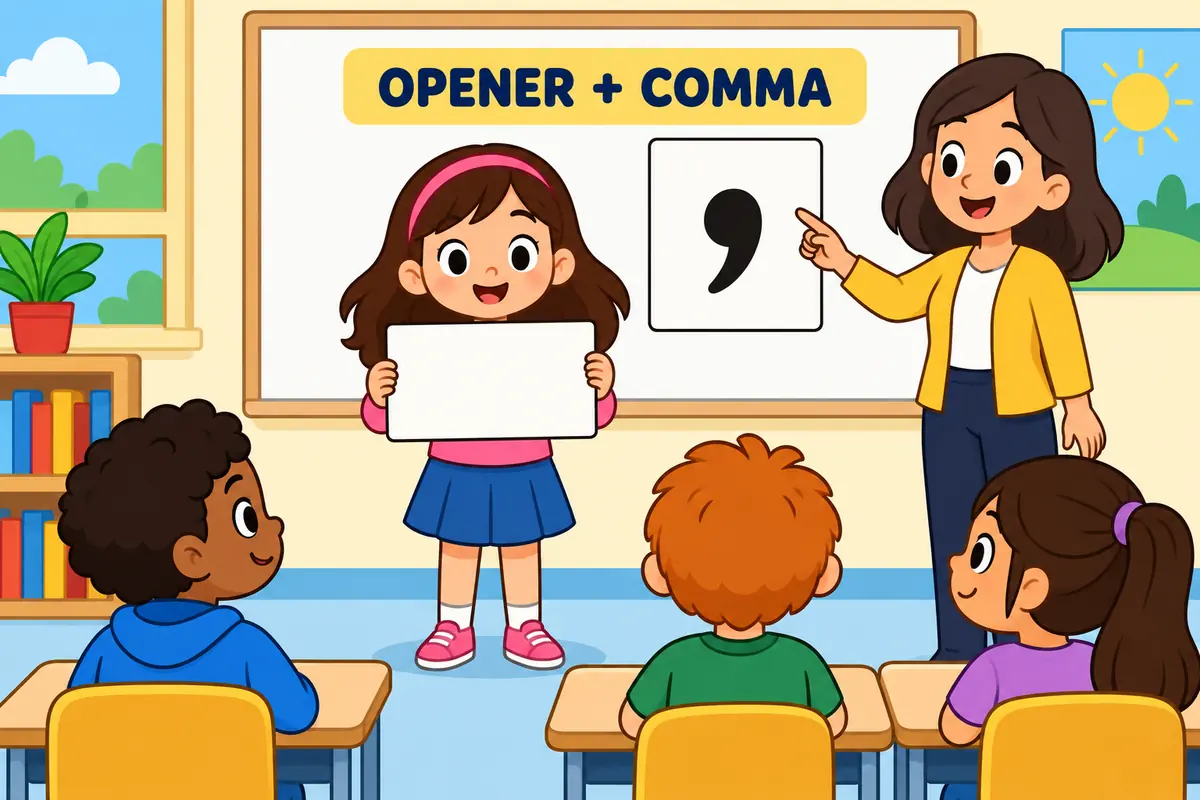 A cartoon child holds up a card at the start of a row of pupils, showing moving forward used as an opener before a comma.