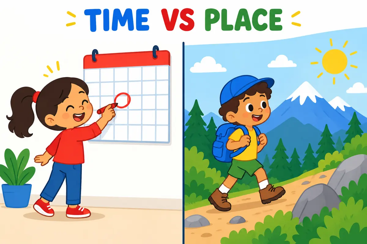 A split cartoon scene contrasts a child circling a date on a wall calendar with a hiker continuing along a mountain trail.