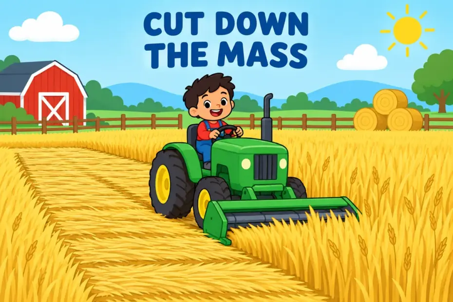 A cartoon tractor mows down a whole field in one sweep, showing mow down in a sentence as cutting a mass to the ground.