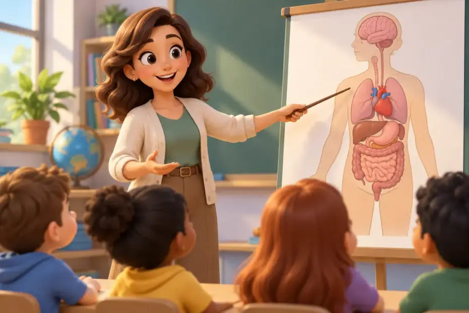 A teacher pointing to a simple anatomical diagram.