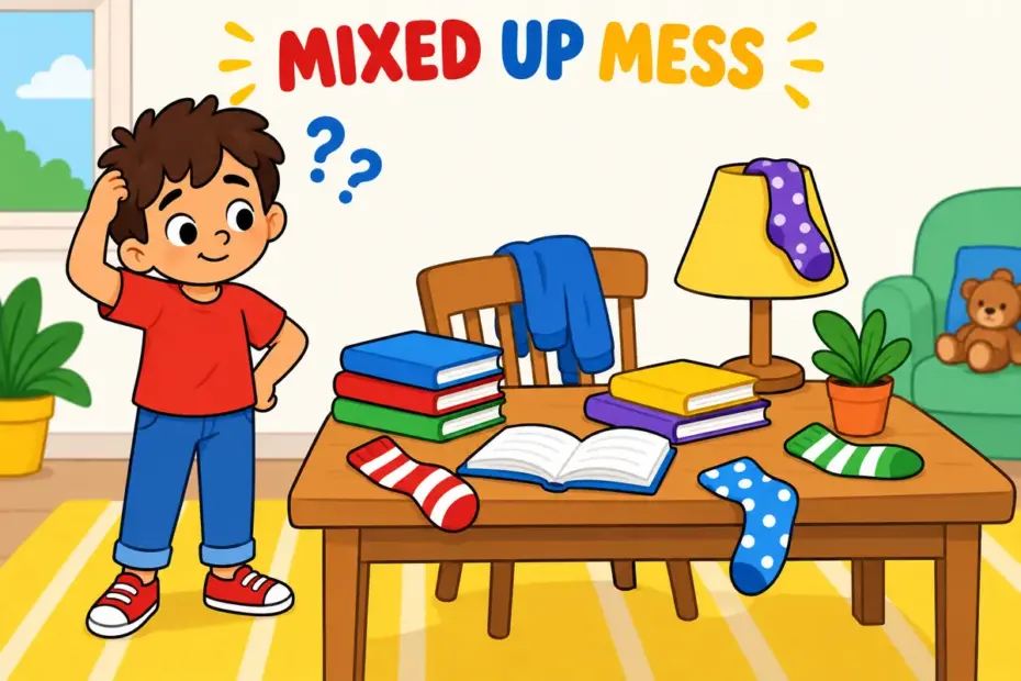 A cartoon child stares at a muddle of jumbled books and mixed name labels, showing muddle in a sentence as confusion.