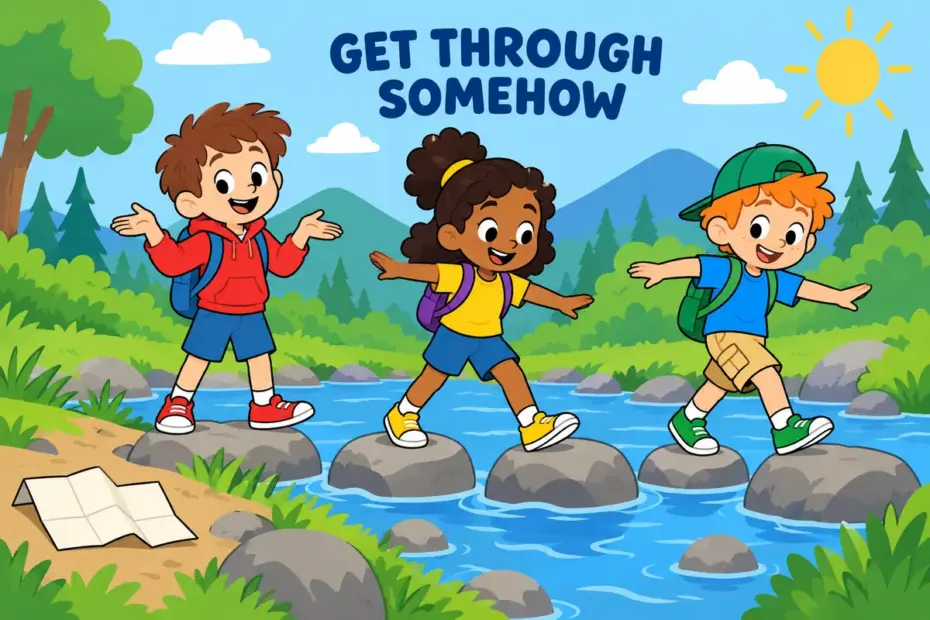 Cartoon children cross a stream on wobbly stepping stones with no map, showing muddle through in a sentence as coping by improvisation.