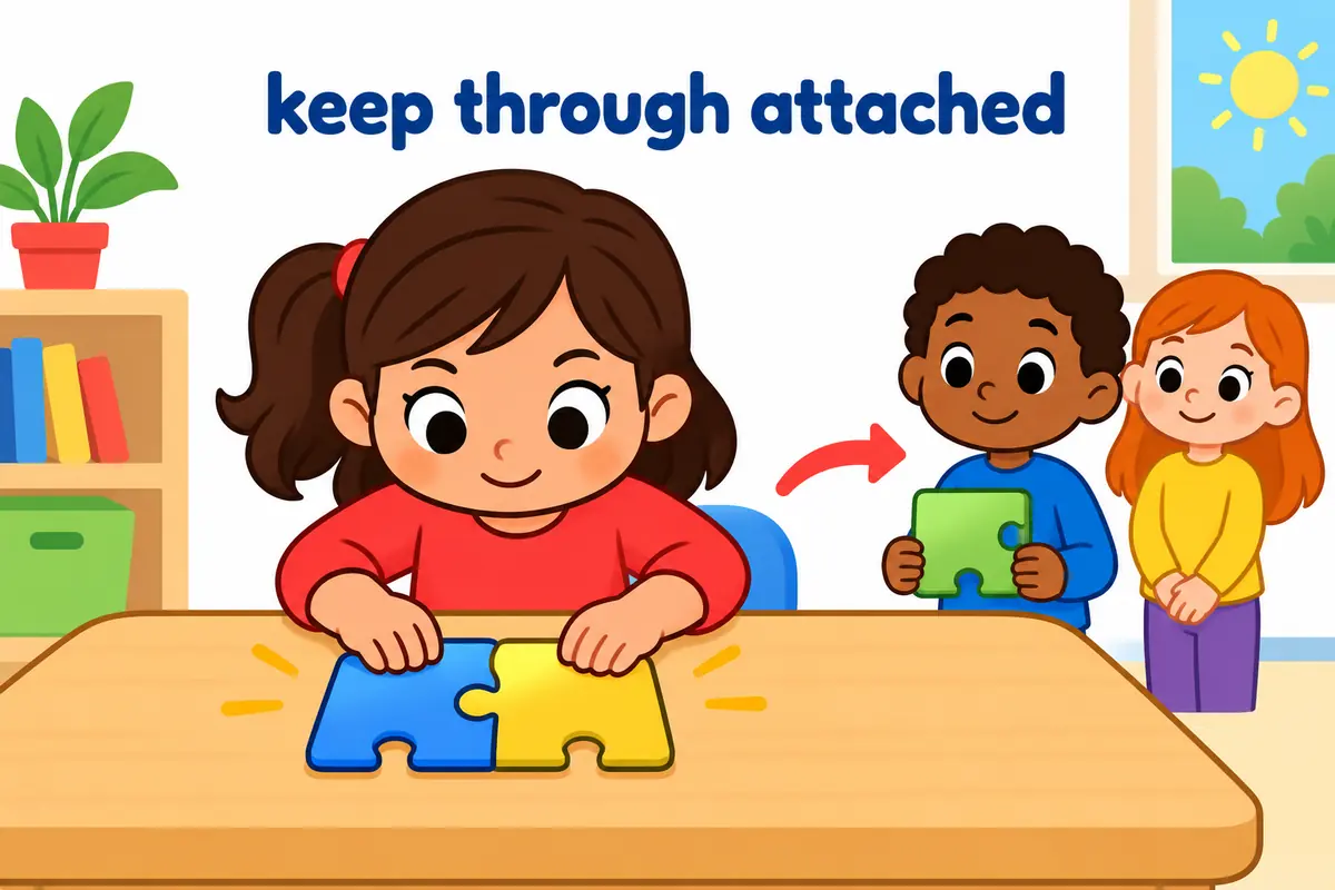 A cartoon child clamps two joined puzzle pieces together while a third picture card waits in line behind them.
