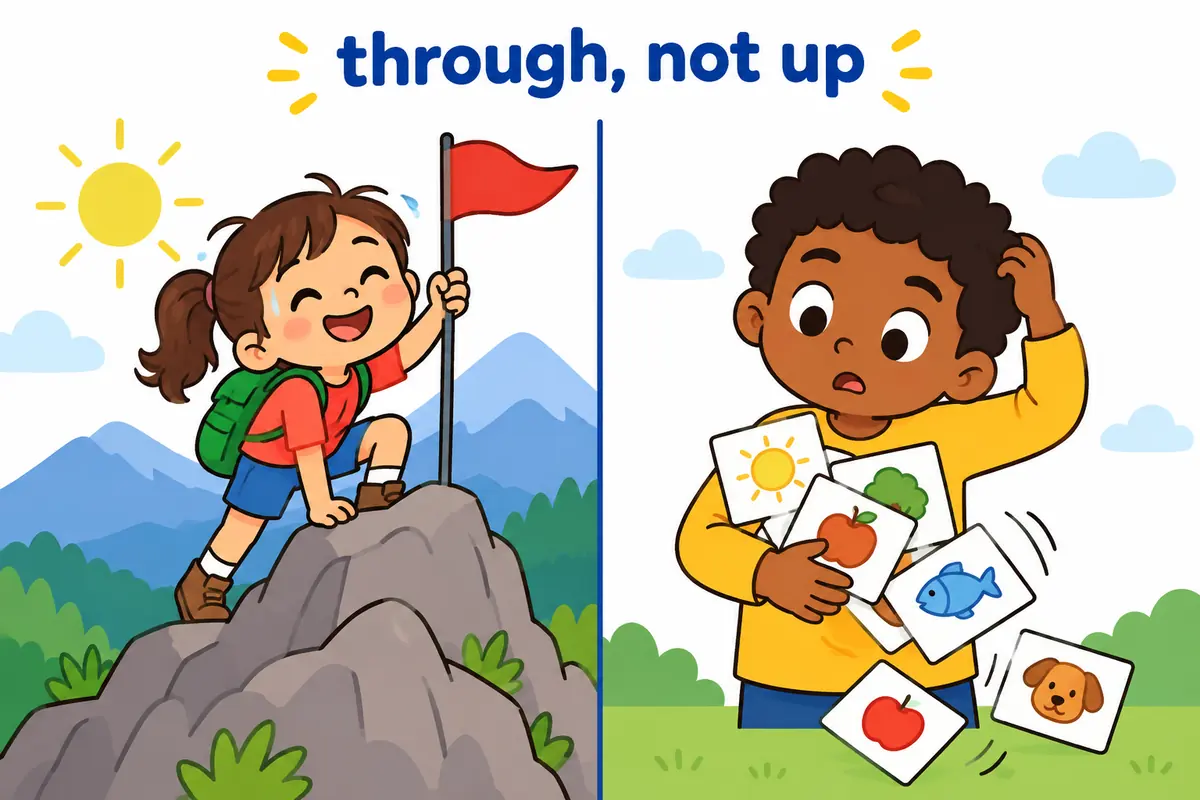 A cartoon split scene contrasts a hiker finishing a steep trail with a child shuffling a mixed heap of picture cards.