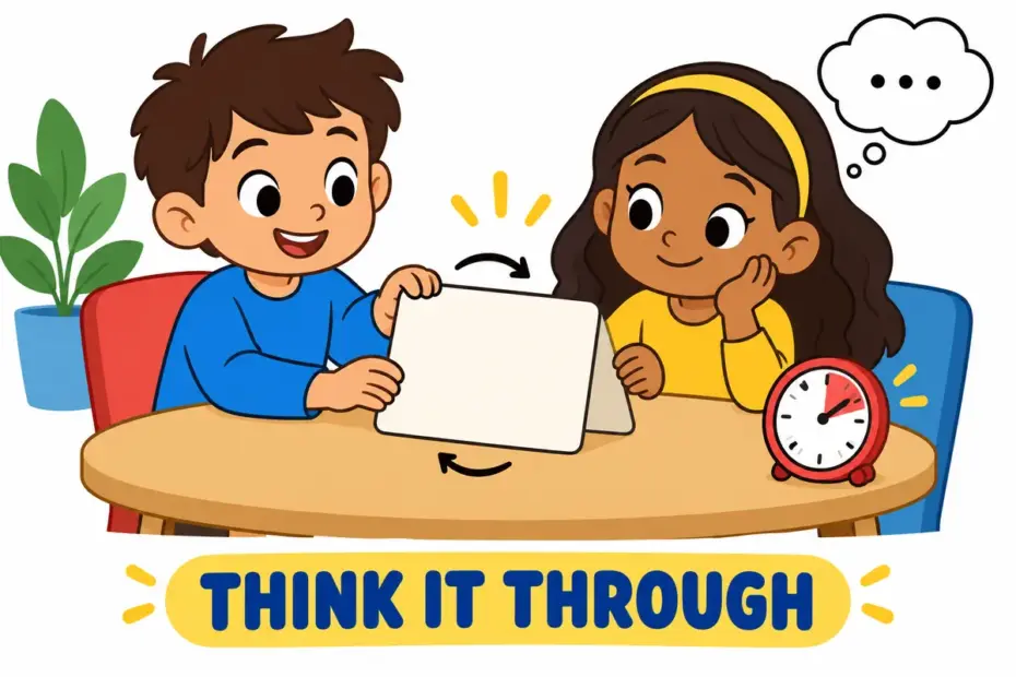 Cartoon pupils turn a big idea card over and over at a table, illustrating mull over in a sentence as careful thought.