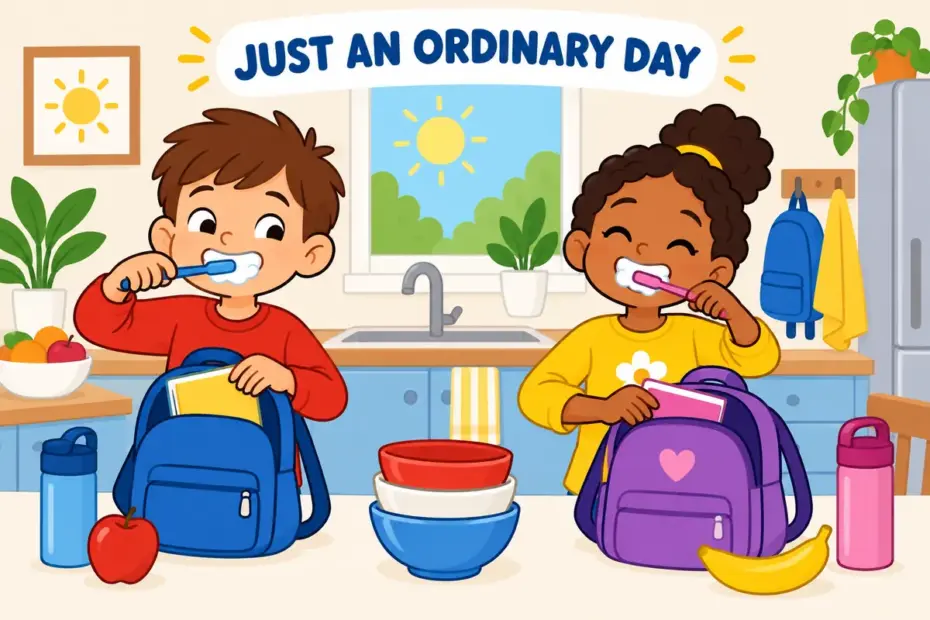 Cartoon twins brush teeth and pack bags in a plain kitchen, illustrating mundane in a sentence as an ordinary everyday routine.