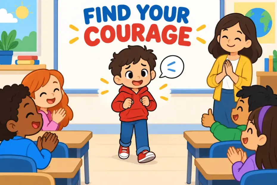 A cartoon child takes a breath and steps forward to speak, showing muster up in a sentence as summoning courage.