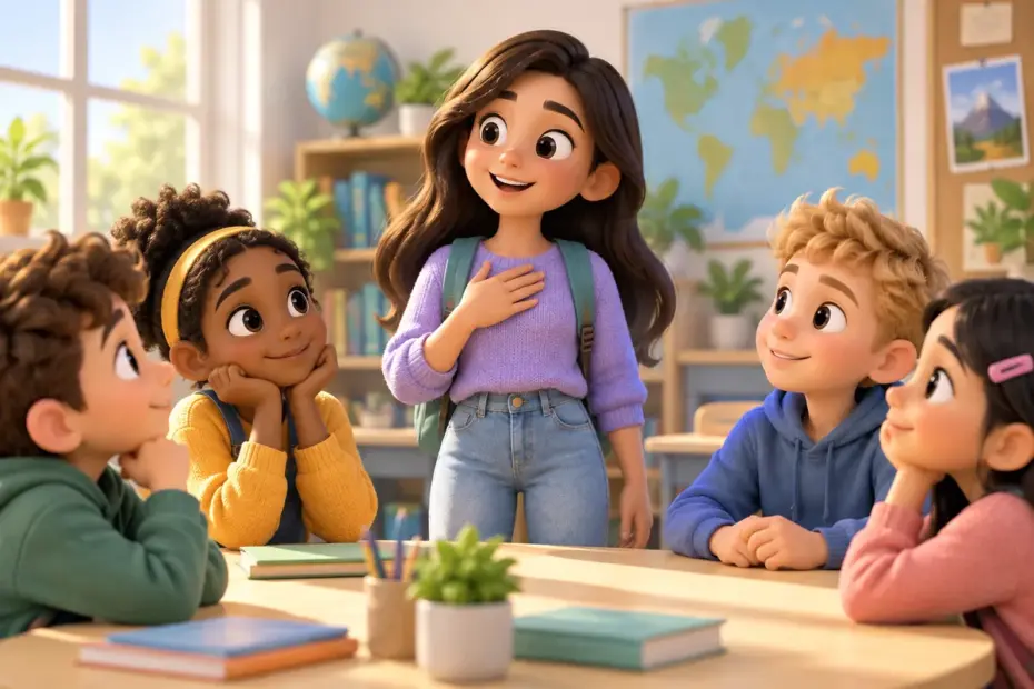 A student introduces herself to a small group with one hand resting on her chest.