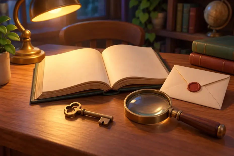 A magnifying glass rests beside a key and a sealed envelope on an open book.