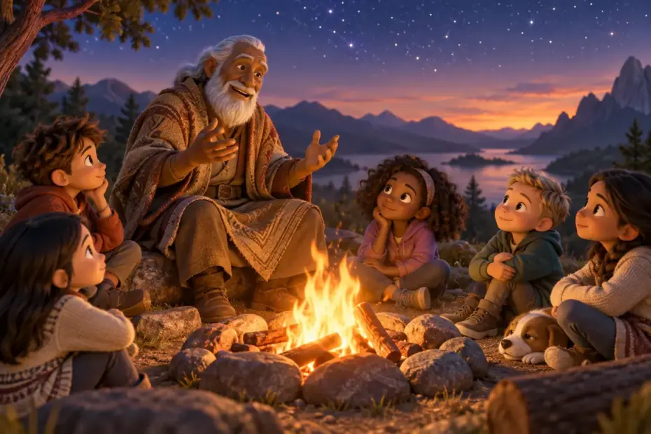 An elder tells a traditional story to children gathered beside a calm evening fire.