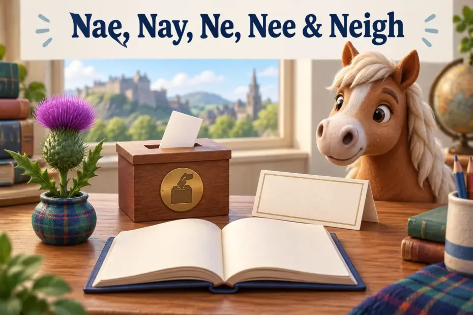 A language-learning desk displays a Scottish thistle, a ballot box, a blank name card, and a friendly horse.