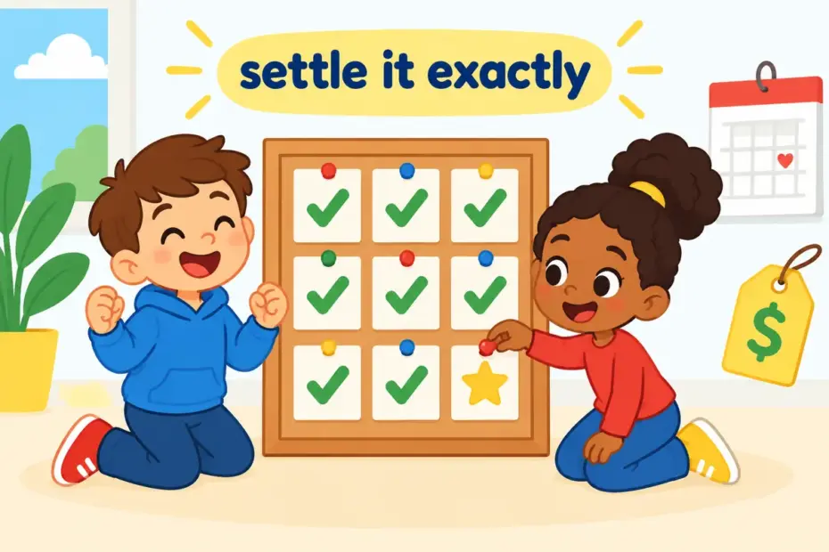 Cartoon children press a final pin into a plan, showing nail down in a sentence as settling a detail exactly.