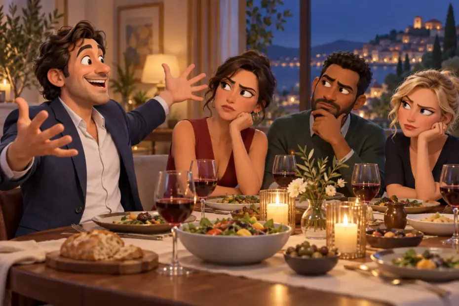 A guest gestures expansively while listeners react skeptically at a dinner table.