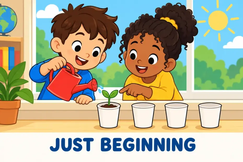 Cartoon children water a tiny green seedling in a paper cup on a windowsill, showing nascent in a sentence as growth just starting.