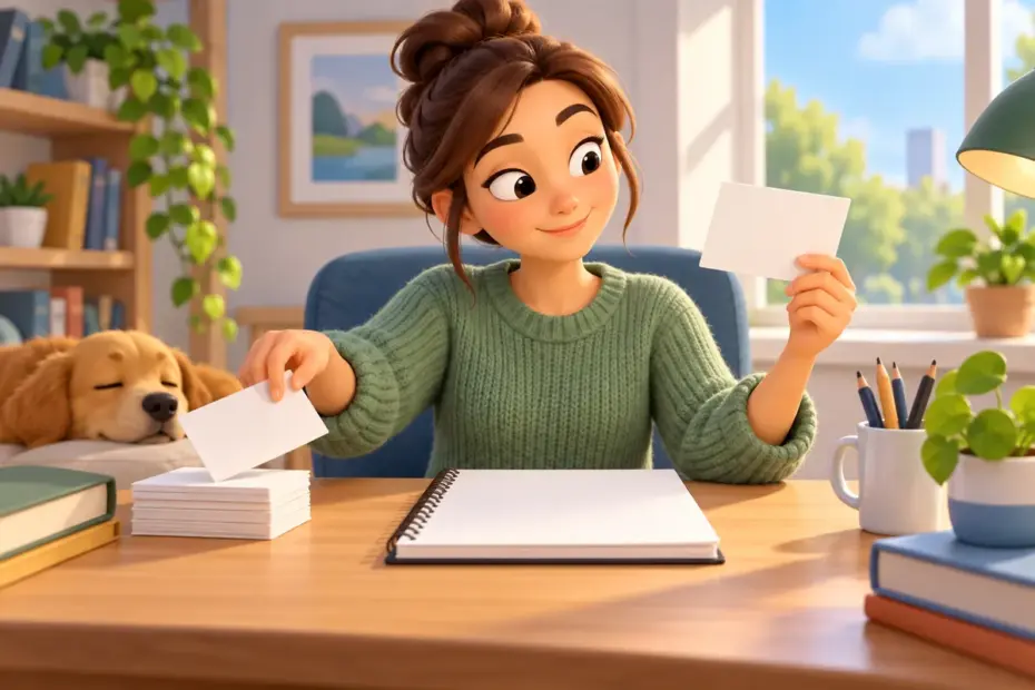 A writer edits a paragraph and removes a blank filler card before a clear sentence.