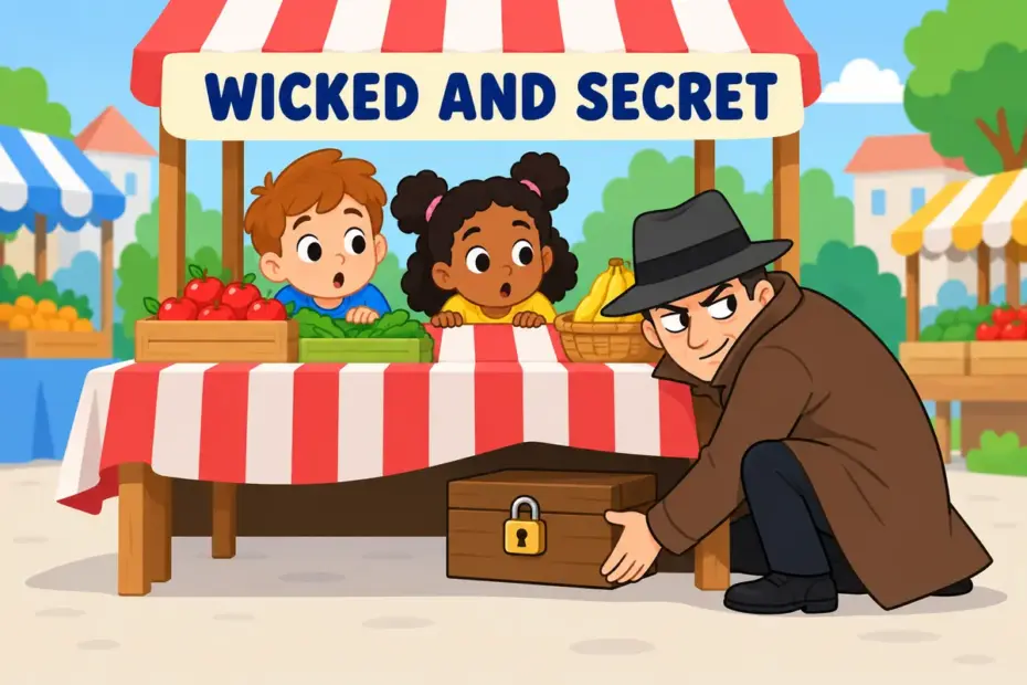 Cartoon children uncover a shady plan as a figure hides a box behind a stall, showing nefarious in a sentence as secret wrongdoing.
