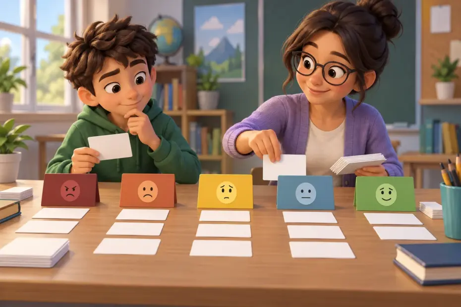 A student sorts blank vocabulary cards by shades of tone while studying with a teacher.