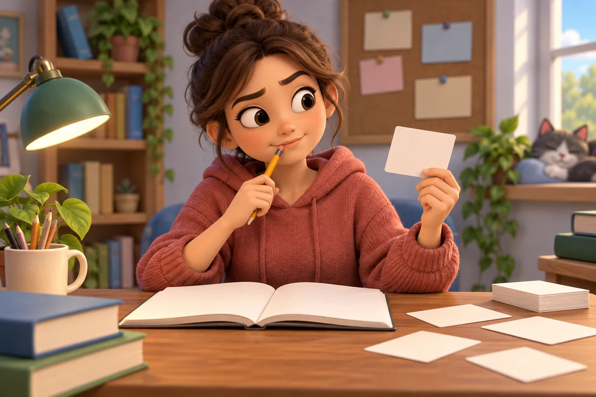 A learner revises a sentence in a notebook while comparing several blank vocabulary cards.