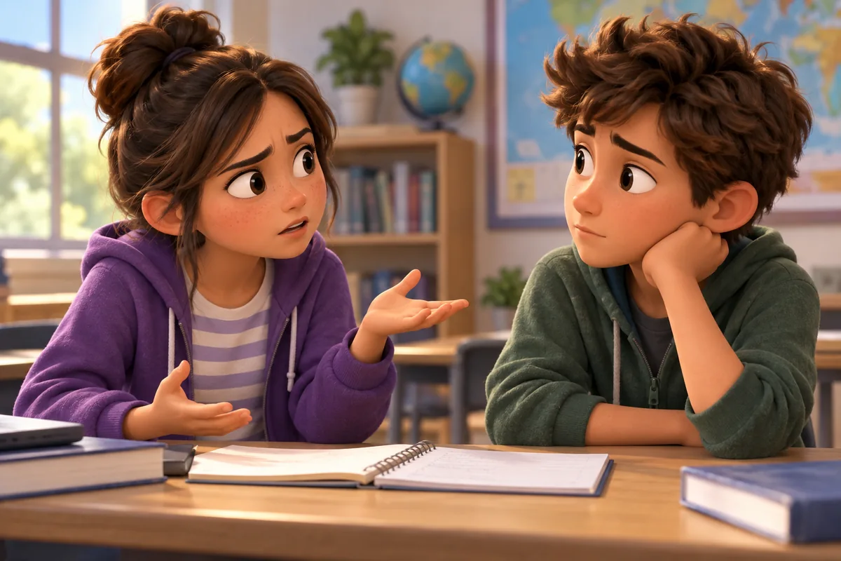 Two classmates discuss a disagreement, one asking a pointed question while the other listens calmly.