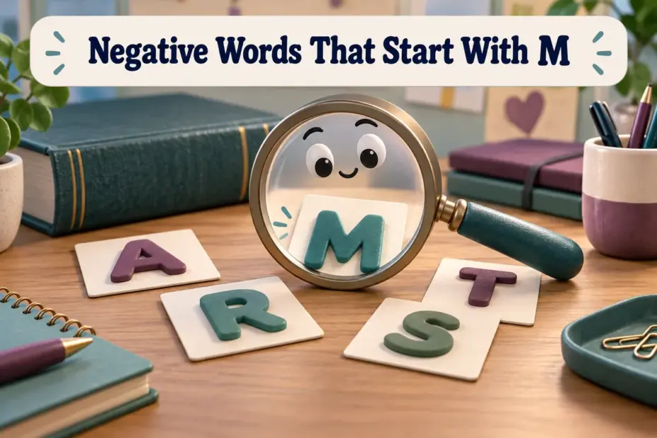 A friendly magnifying glass highlights an M tile among separate letter blocks beside an open reference book.