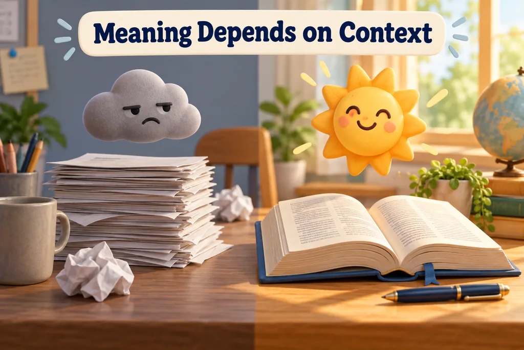 A writer compares a few word cards and selects one precise term beside an open reference book.