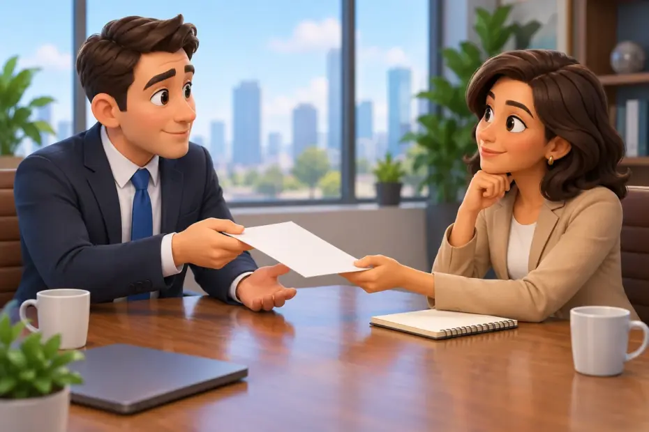 Two negotiators listen and exchange a proposal across a meeting table with a notepad between them.