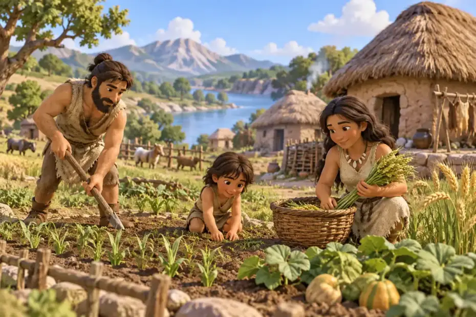 People tend crops near homes in a small Neolithic farming settlement.